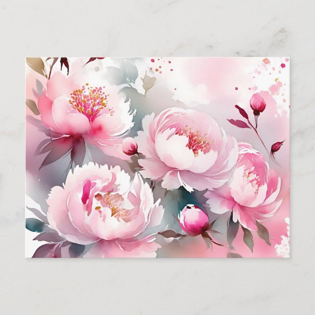 Carte Postale Fleurs délicates à l'aquarelle en rose tendre (Devant)