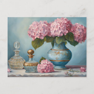 Carte Postale Fleurs d'Hydrangée rose et bouteilles de parfum Vi