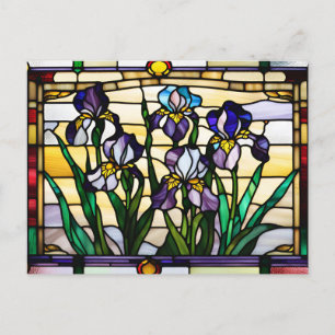 Carte Postale Fleurs d'Iris Violet Vitrail