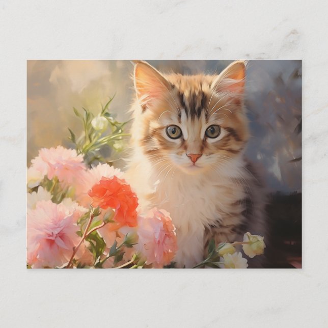 Carte Postale Fleurs d'œillet de naissance de janvier et chaton  (Devant)
