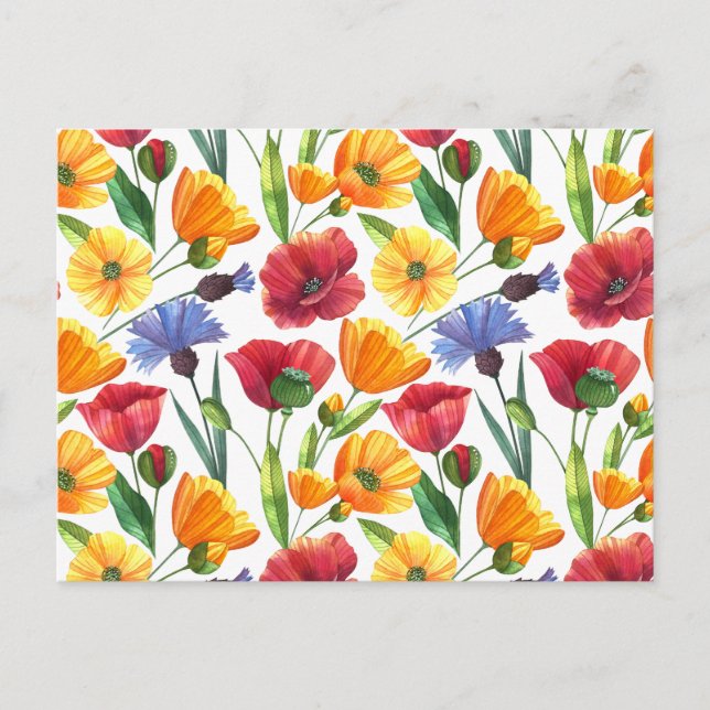 Carte Postale Fleurs élégantes de pavot rouge et jaune, bleuet (Devant)