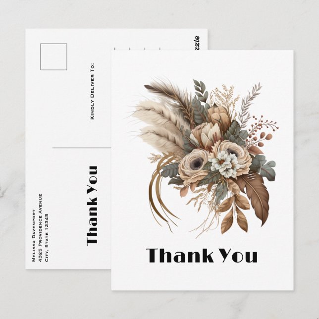 Carte Postale Fleurs Élégantes Feuillage et Plumes Merci (Devant / Derrière)