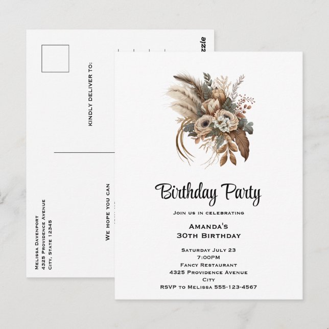 Carte Postale Fleurs élégantes Folithe et Feather Anniversaire (Devant / Derrière)