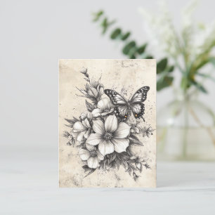 Carte Postale Fleurs et papillons rustiques - Papier vieilli (5)