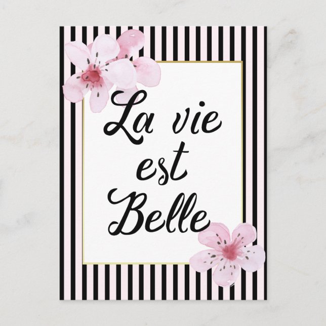 Carte Postale Fleurs et rayures roses et noires (Devant)