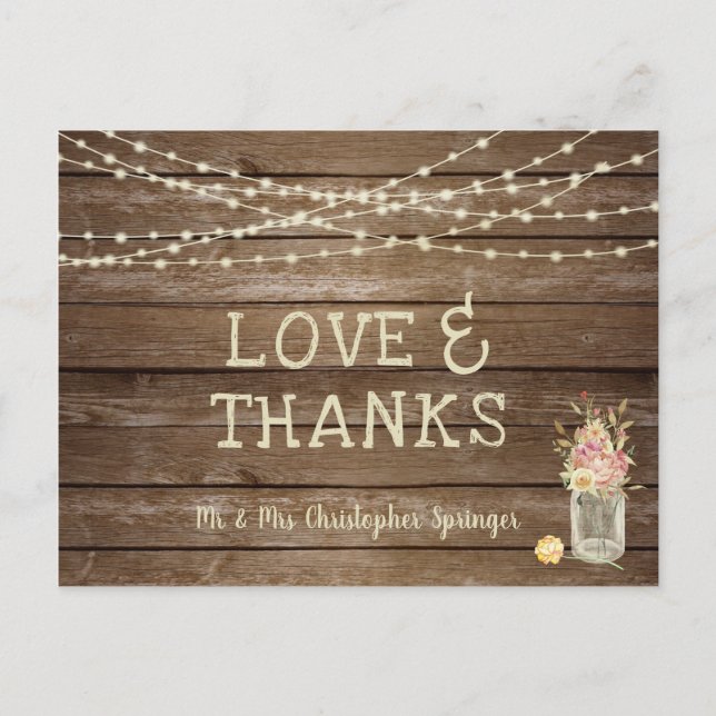 Carte Postale Fleurs Jar en bois rustique Mason MERCI Mariage (Devant)