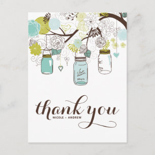 CARTE POSTALE FLEURS & MASON JARS MARIAGE MERCI POSTCARD
