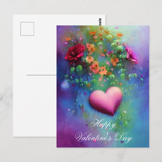 Carte Postale Fleurs mélanées et coeur valentin (Devant / Derrière)