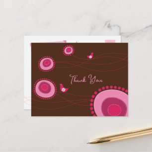 Carte Postale Fleurs pointillées roses et Merci d'oiseaux heureu