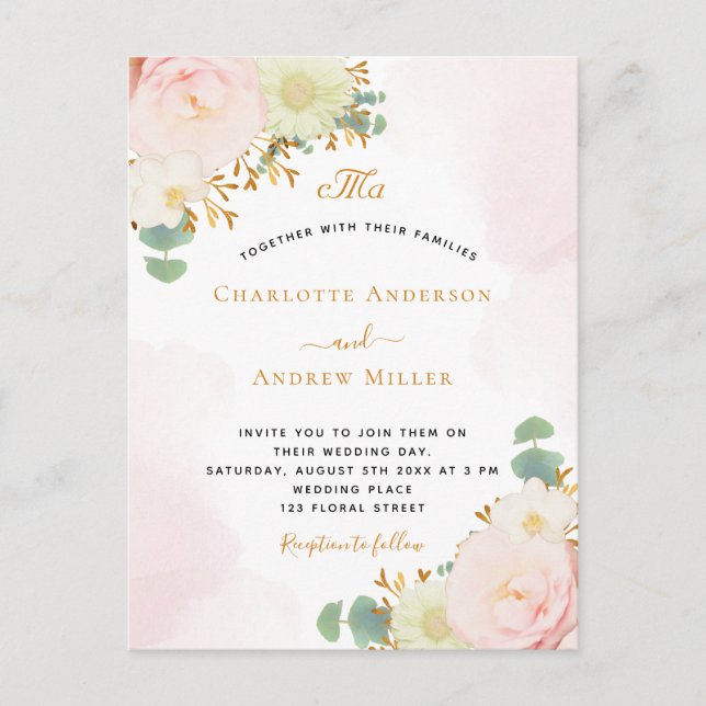 Carte Postale Fleurs rose pâle aquarelle or mariage (Devant)