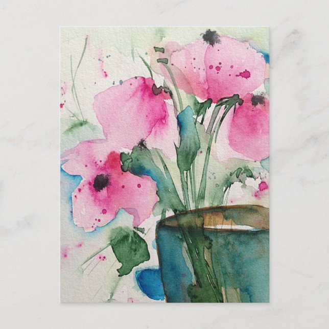 Carte Postale Fleurs roses à l'aquarelle dans le vase (Devant)