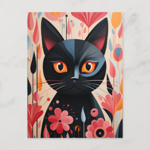 Carte Postale Fleurs roses Chat Noir