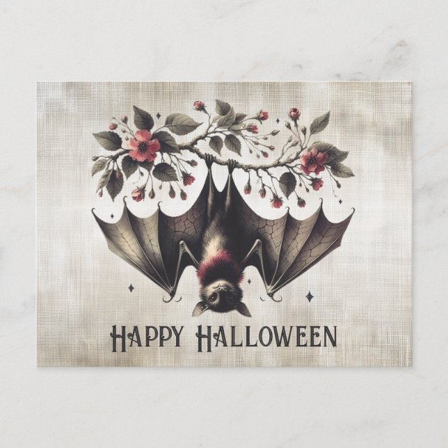 Carte Postale Fleurs roses d'Halloween Chauve-souris maléfique F (Devant)