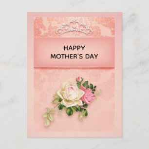 Carte Postale Fleurs roses & Diamond Tiara Princesse Fête des Mè