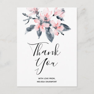 Carte Postale Fleurs roses et gris Merci d'aquarelle classique