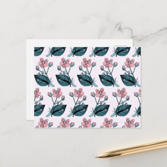 Carte Postale Fleurs Roses, Motif Floral, Motif De Fleurs (Devant/Arrière en situation)