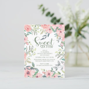 Carte Postale Fleurs roses pâles Sweet 16 Feuilles vert sauge
