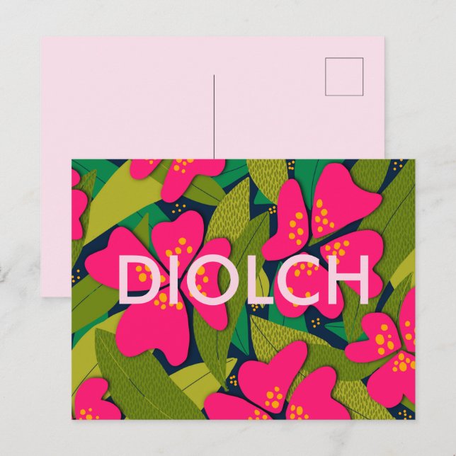 Carte Postale Fleurs roses tropicales Diolch Merci (Devant / Derrière)