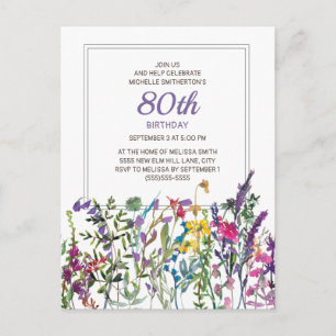 Carte Postale Fleurs sauvages aquarelles rose violet 80 ans