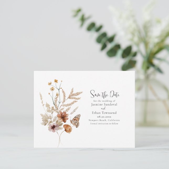 Carte Postale Fleurs sauvages d'aquarelle Enregistrer la date (Debout devant)