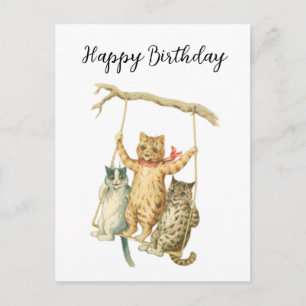 Carte Postale Fleurs Vintage Bohème Aquarelle Chats Joyeux Anniv