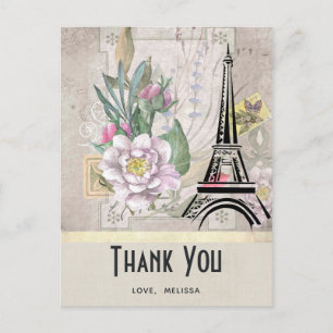Carte Postale Fleurs Vintage, Tour Eiffel et Merci Burlap