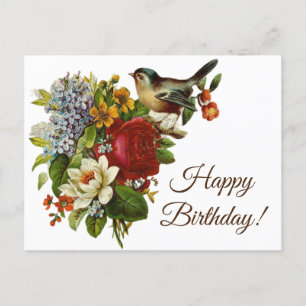 Carte Postale Fleurs Vintage Vibrantes et Joyeux Anniversaire d'