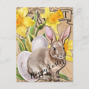 Carte postale Fleurs vintages et Lapin Pâques