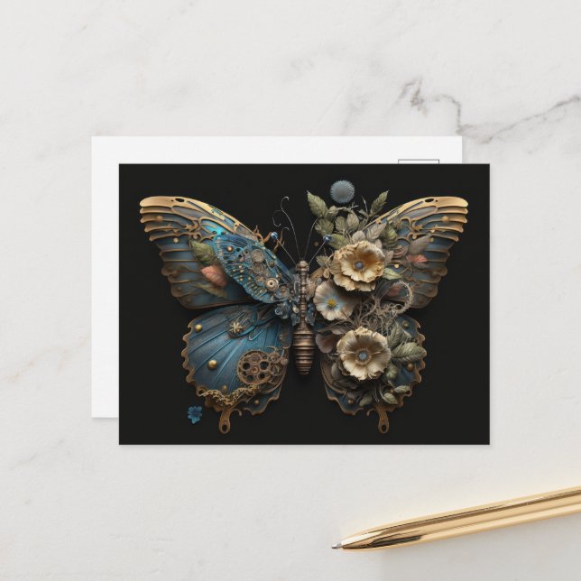 Carte Postale Fleurs vintages Papillon vapeur (Devant/Arrière en situation)