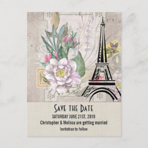 Carte Postale Fleurs vintages, Tour Eiffel Sauvez la date