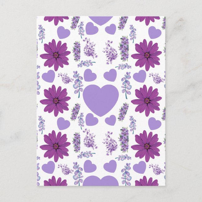 Carte Postale Fleurs violettes et coeur transparent motif (Devant)