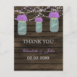 Carte Postale Fleurs violettes Mason Jars Grange Mariage en bois