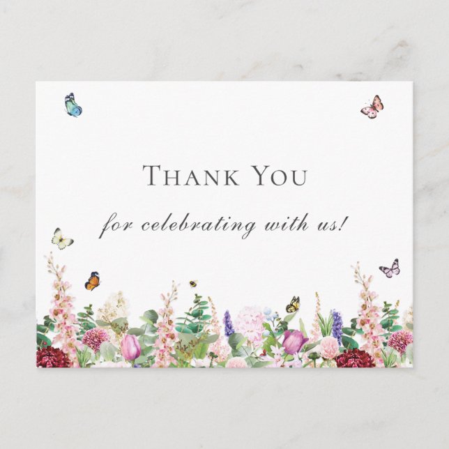 Carte Postale Fleurs violettes roses avec Merci de papillons (Devant)