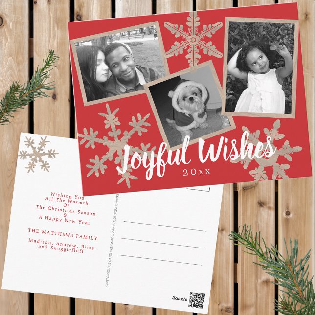 Carte Postale Flocon de neige rustique rouge moderne Collage 3 P (Customize these holiday postcards with 3 of your favorite photos and a personalized greeting.)