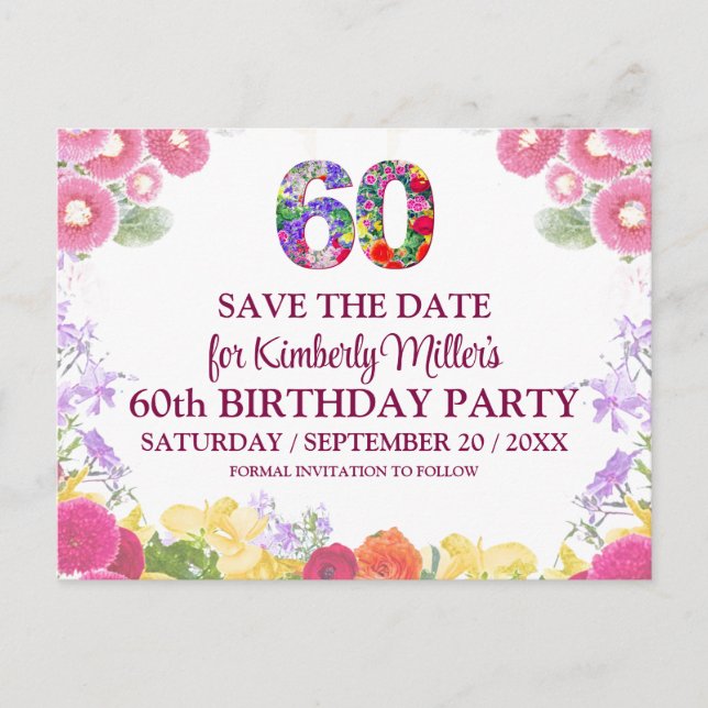 Carte Postale Floral 60th Birthday - Elegant 60 Enregistrer La D (Devant)