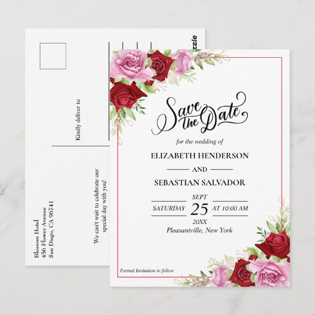 Carte Postale Floral Aquarelle Rose Mariage Enregistrer La Date (Devant / Derrière)
