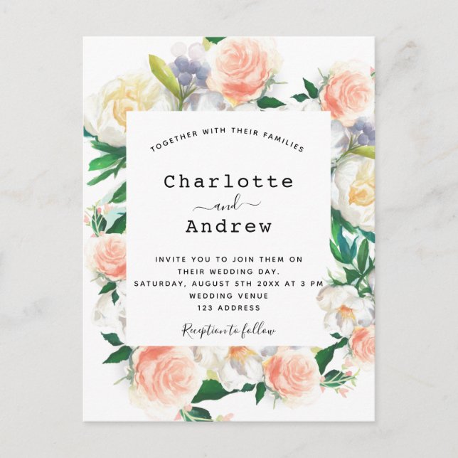 Carte Postale Floral aquarelle rose or rose blanc mariage (Devant)