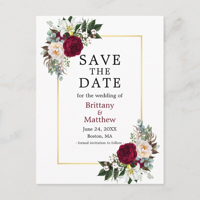 Carte Postale Floral Blanc Bourgogne Enregistrer La Date Gold Fr (Devant)