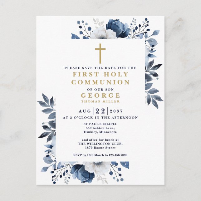 Carte Postale Floral Bleu Première Communion Sainte Sauver La Da (Devant)