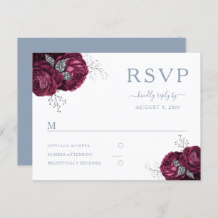 Carte Postale Floral Bourgogne Dusty Blue Wedding RSVP
