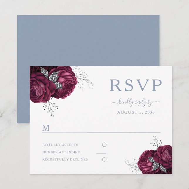 Carte Postale Floral Bourgogne Dusty Blue Wedding RSVP (Devant / Derrière)