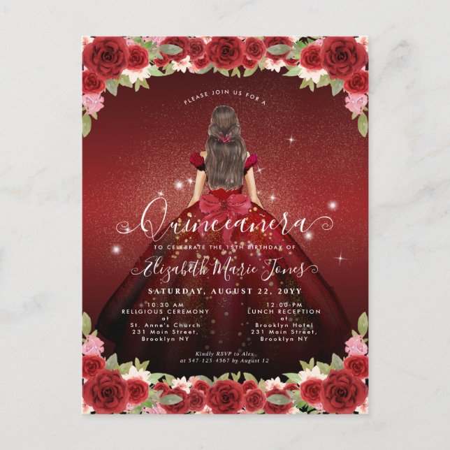 Carte Postale Floral Bourgogne Rouge Or Glam Princesse Quinceane (Devant)