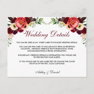 Carte Postale Floral Burgundy Boho Détails du Mariage Insérer un