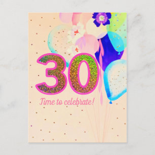 Carte Postale Floral Cheers 30e anniversaire Balloons Party rose