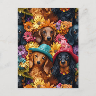 Carte Postale Floral Dachshund Motif sans couture - Amoureux de 