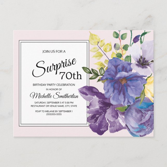 Carte Postale Floral d'aquarelle violette sur rose 70e anniversa (Devant)