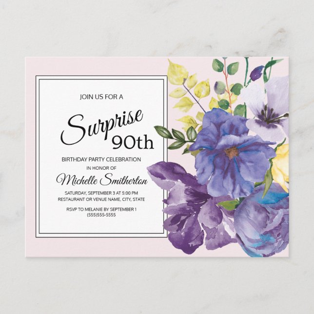 Carte Postale Floral d'aquarelle violette sur rose 90e anniversa (Devant)
