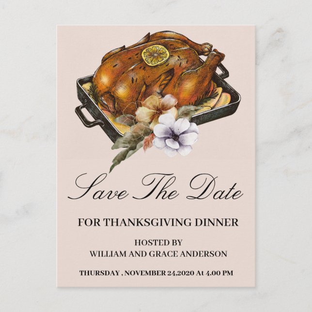 Carte Postale Floral de dinde grillée Sauvez la date Thanksgivin (Devant)