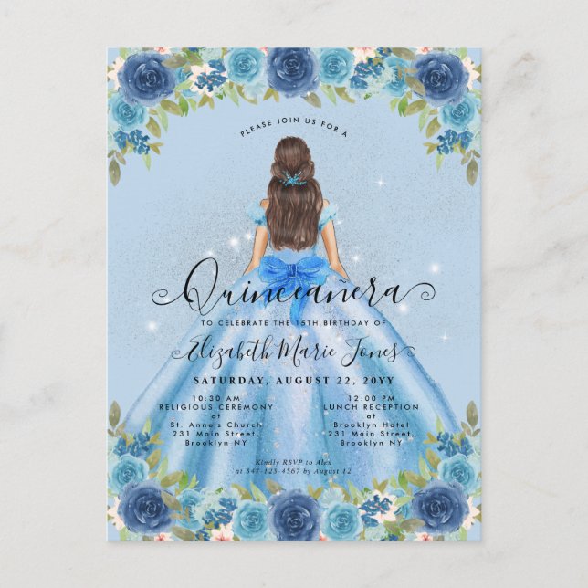 Carte Postale Floral Dusty Blue Silver Glam Princesse Quinceaner (Devant)