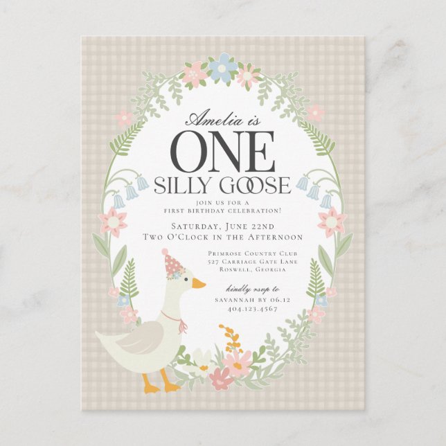 Carte Postale Floral En vichy oie soie beige Premier anniversair (Devant)